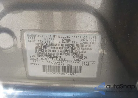 2017 Nissan Versa 1.6 S+ из США, поврежденный, VIN 3N1CN7AP0HL903219